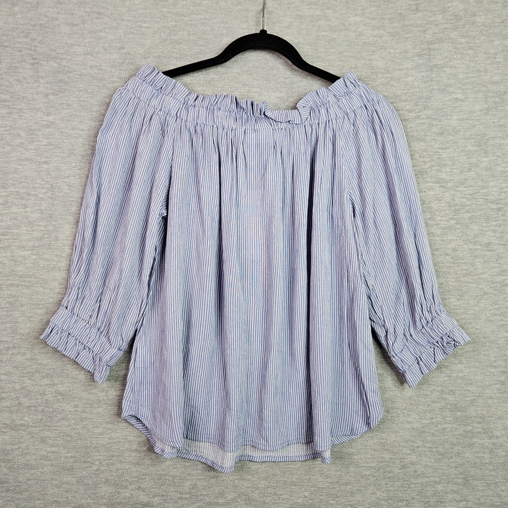 LUQ Womens Small Off Shoulder Top Blue White Striped Boho Peasant 3/4 Sleeve NWT